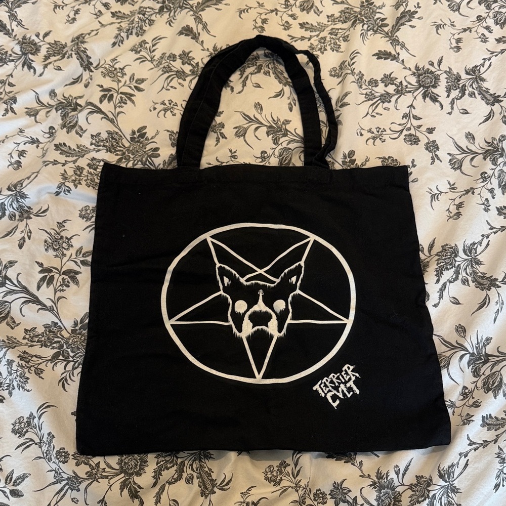 🛍️ BAG BUNDLE 🛍️ Black Terrier Cvlt Tote Bag with White Pentagram Dog Design